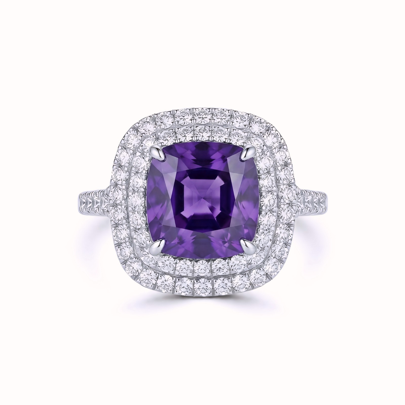 Natural Purple Amethyst Halo Ring 925 Sterling Silver Cushion Cut Handmade Fine