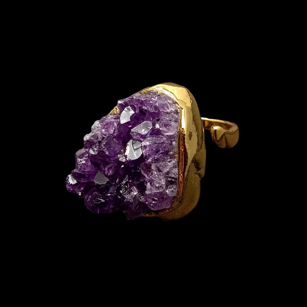 Natural Amethsyt Druzy Cluster Freedom Shape Gold Electroplated Ring Adjustable