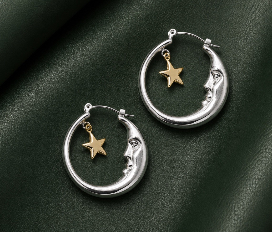 Anthropologie Hoop Crescent Moon Star Earrings Gold Silver Face Celestial Gold
