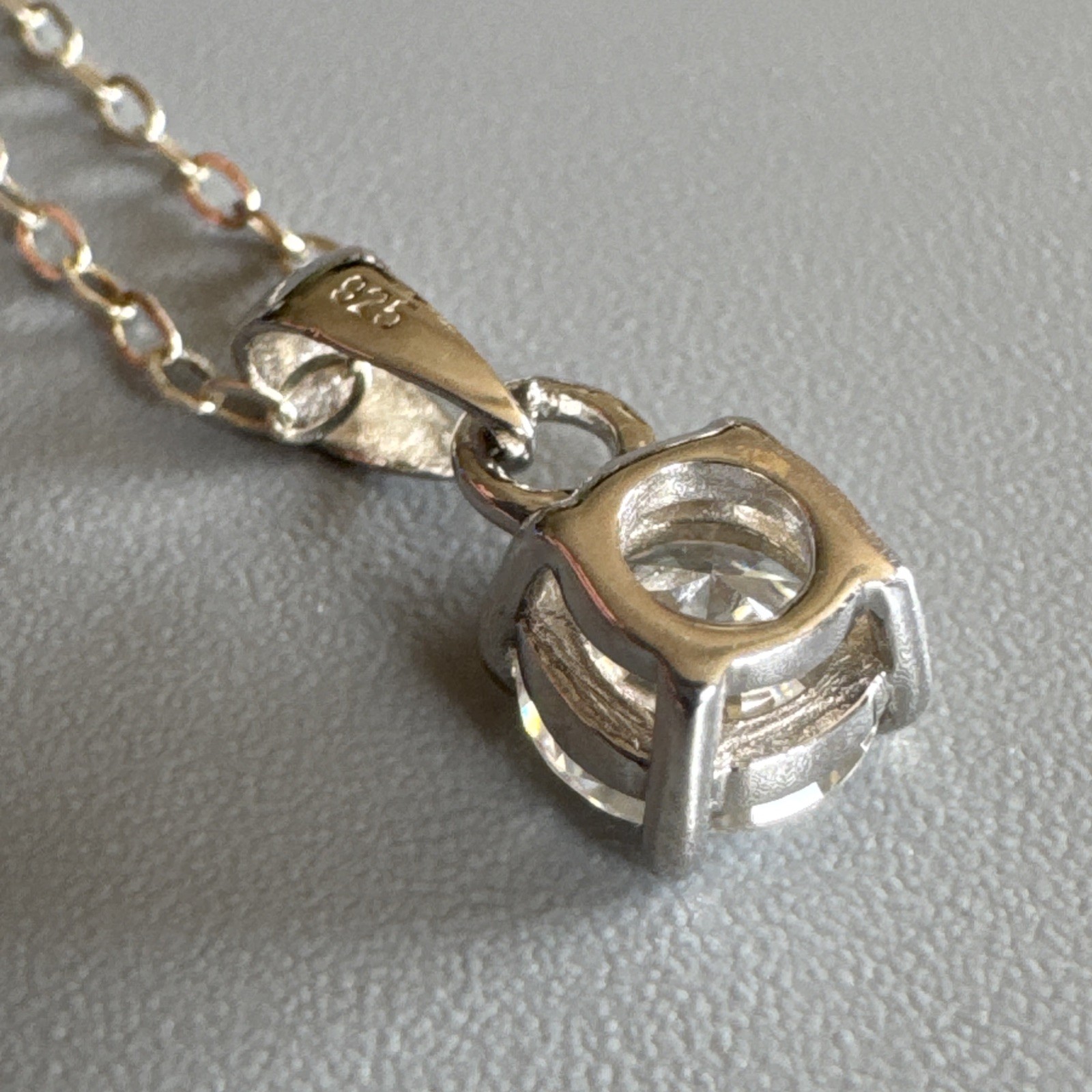 Sterling Silver 925 Round Solitaire Cz Pendant & 16” Oval Link Chain Necklace