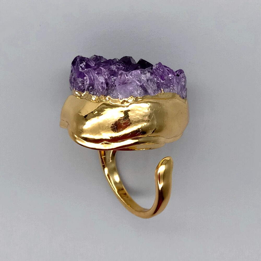 Natural Amethsyt Druzy Cluster Freedom Shape Gold Electroplated Ring Adjustable