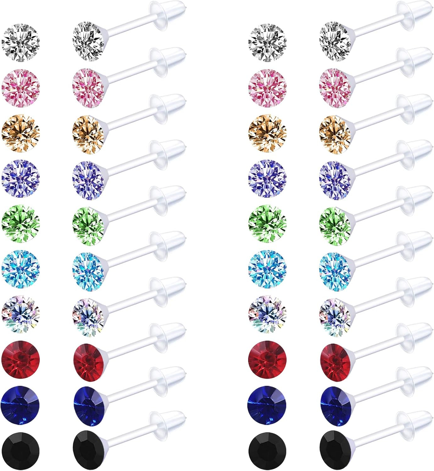 Plastic Earrings, 80pcs Colorful Cubic Zirconia Stud Earrings for Women, Medical