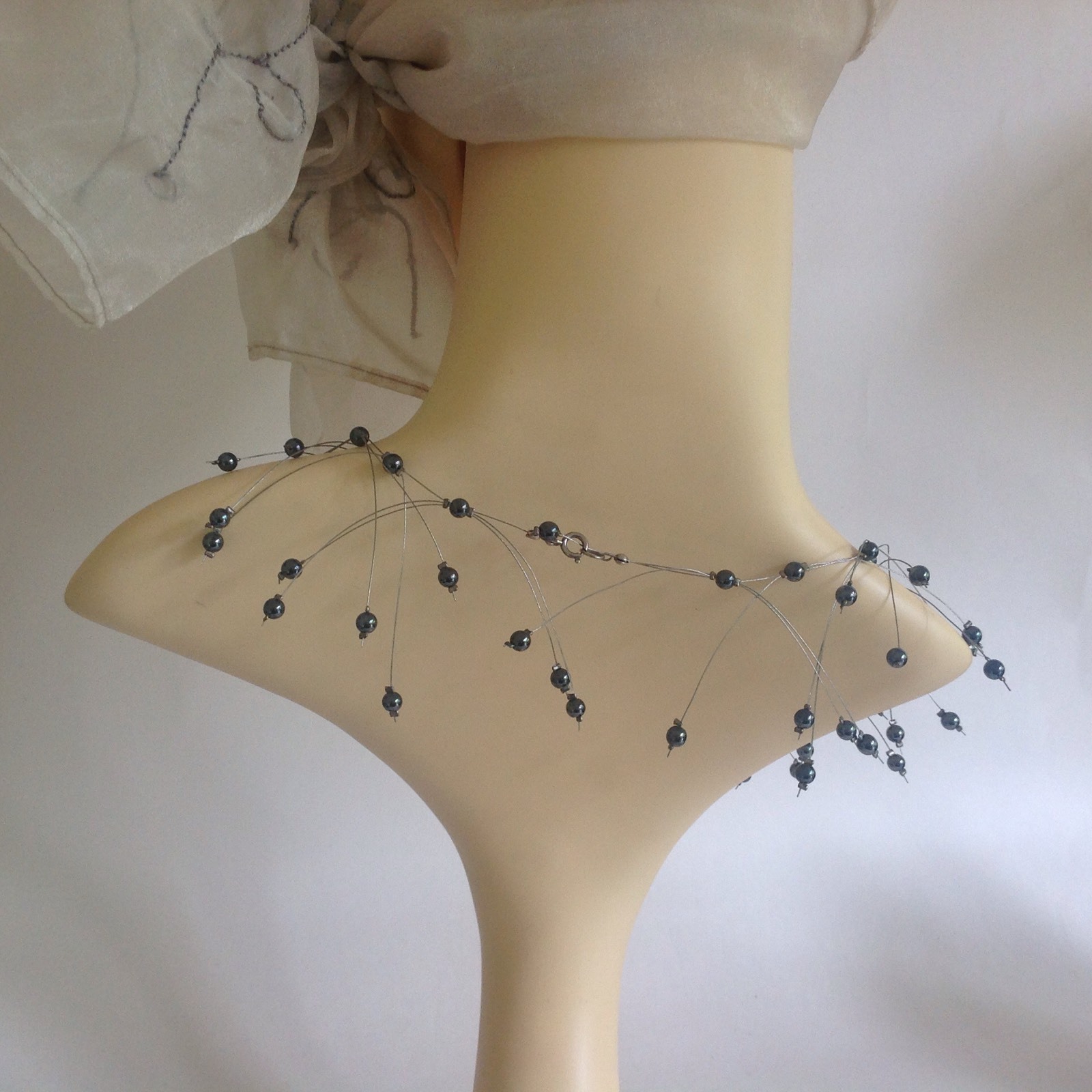 Handmade Delicate 16 Inch Necklace With Glass Pewter Beads And Steel Wire