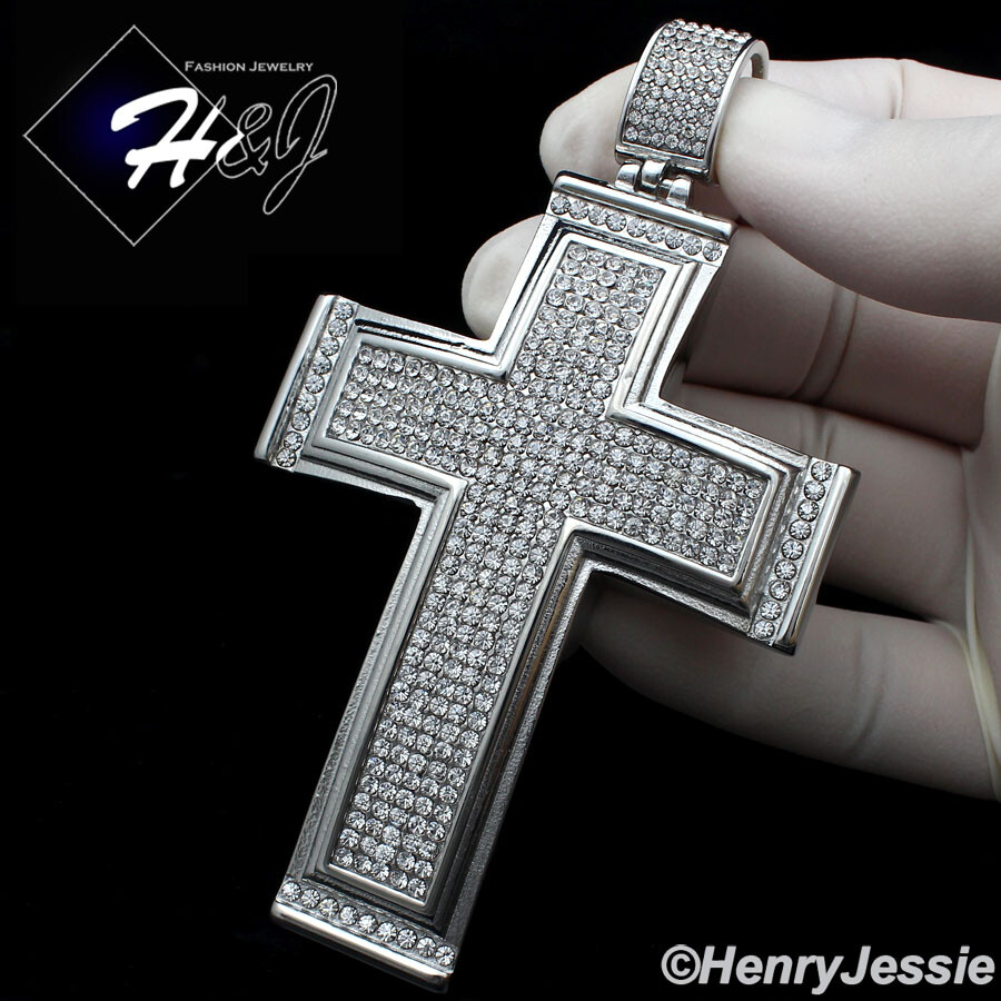 18″-40″MEN Stainless Steel 9mm Silver Cuban Curb Chain BIG CZ Cross Pendant*IP20
