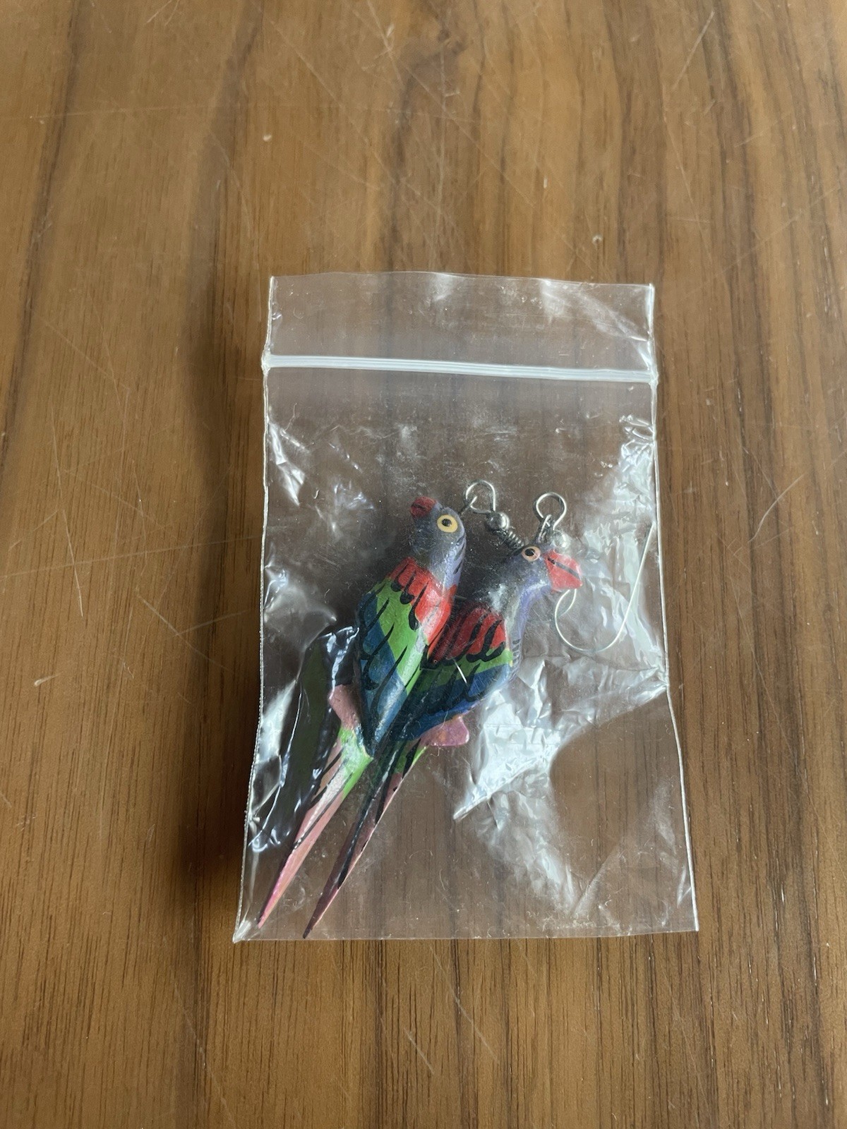 Wooden Bird Parrot Earrings Cute Wood Dangle Hook Parakeet Retro Vintage Japan
