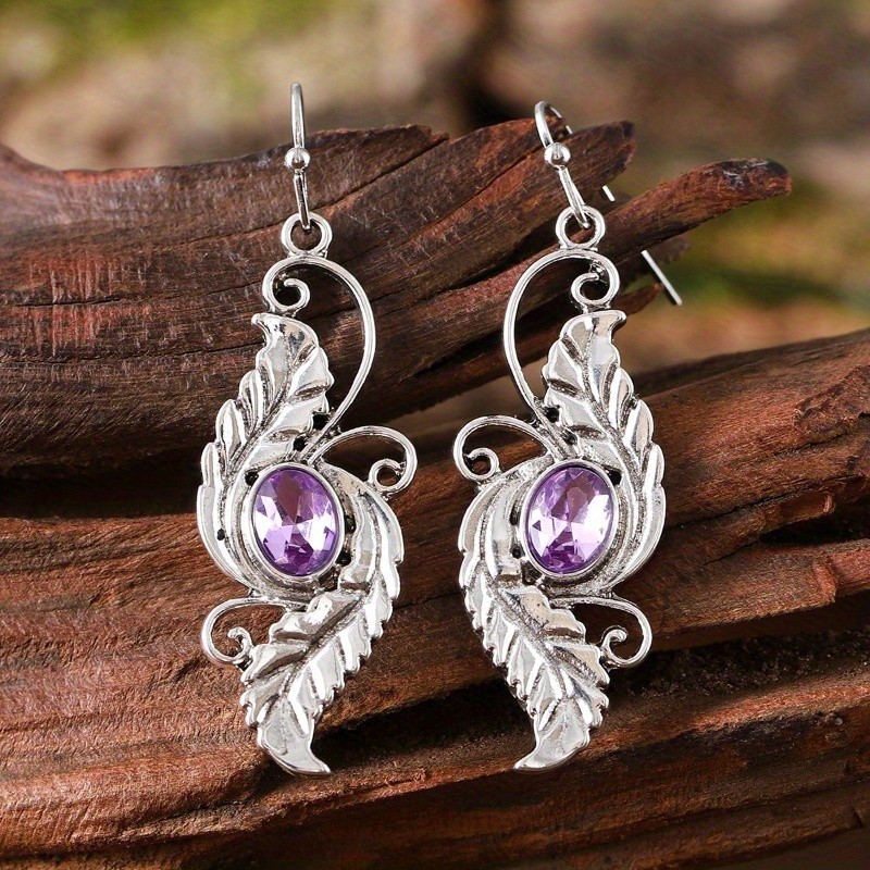 Women’s Carved Earrings Purple Artificial Crystal Pendant Earrings Zinc Alloy