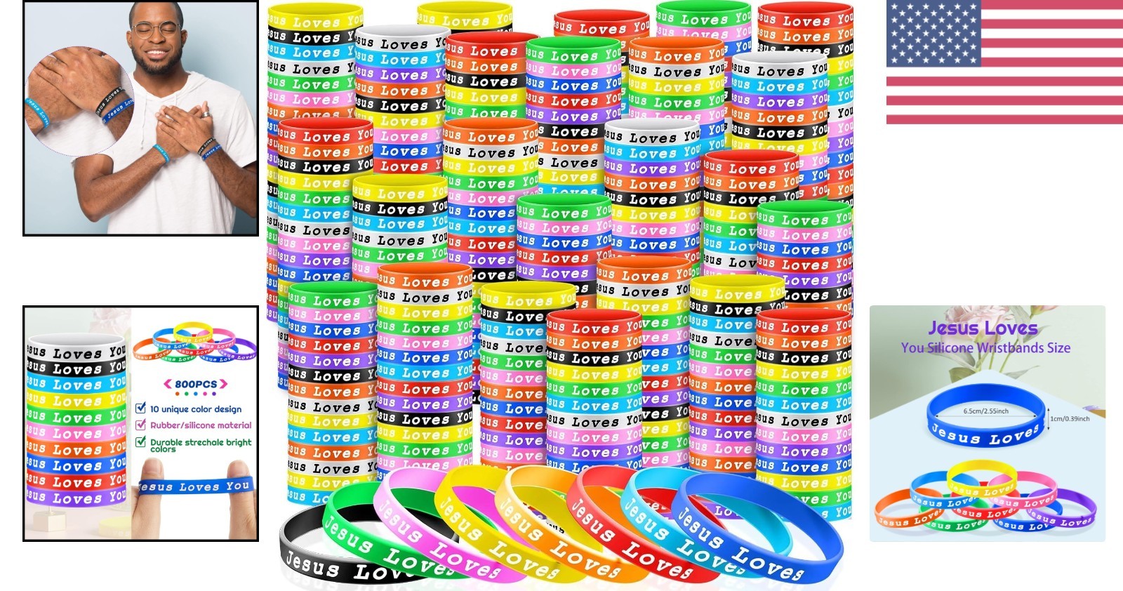 Assorted Colorful Jesus Loves You Silicone Bracelets for Teens Adults 10 Count