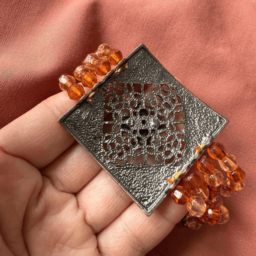 Y2K Multi-stranded Bracelet with a faux Amber Glass, Gems Statement Pendant