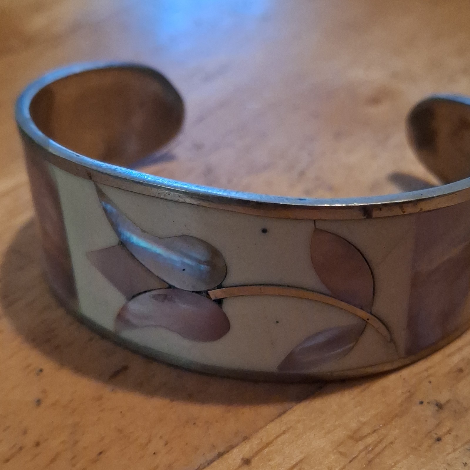 W. L. Co. Signed Adjustable Floral Inlay Cuff Bracelet Silver Tone Ivory Purple