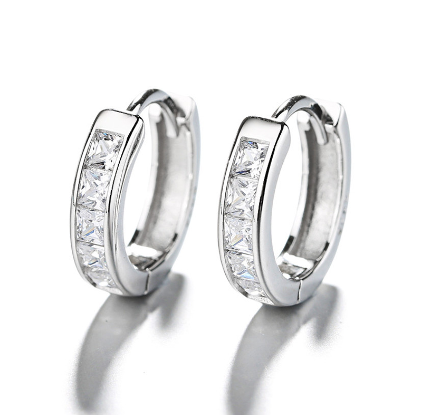 925 Sterling Silver Plated Square Cz Huggie Hoop Earrings 16mm Women Men PE28