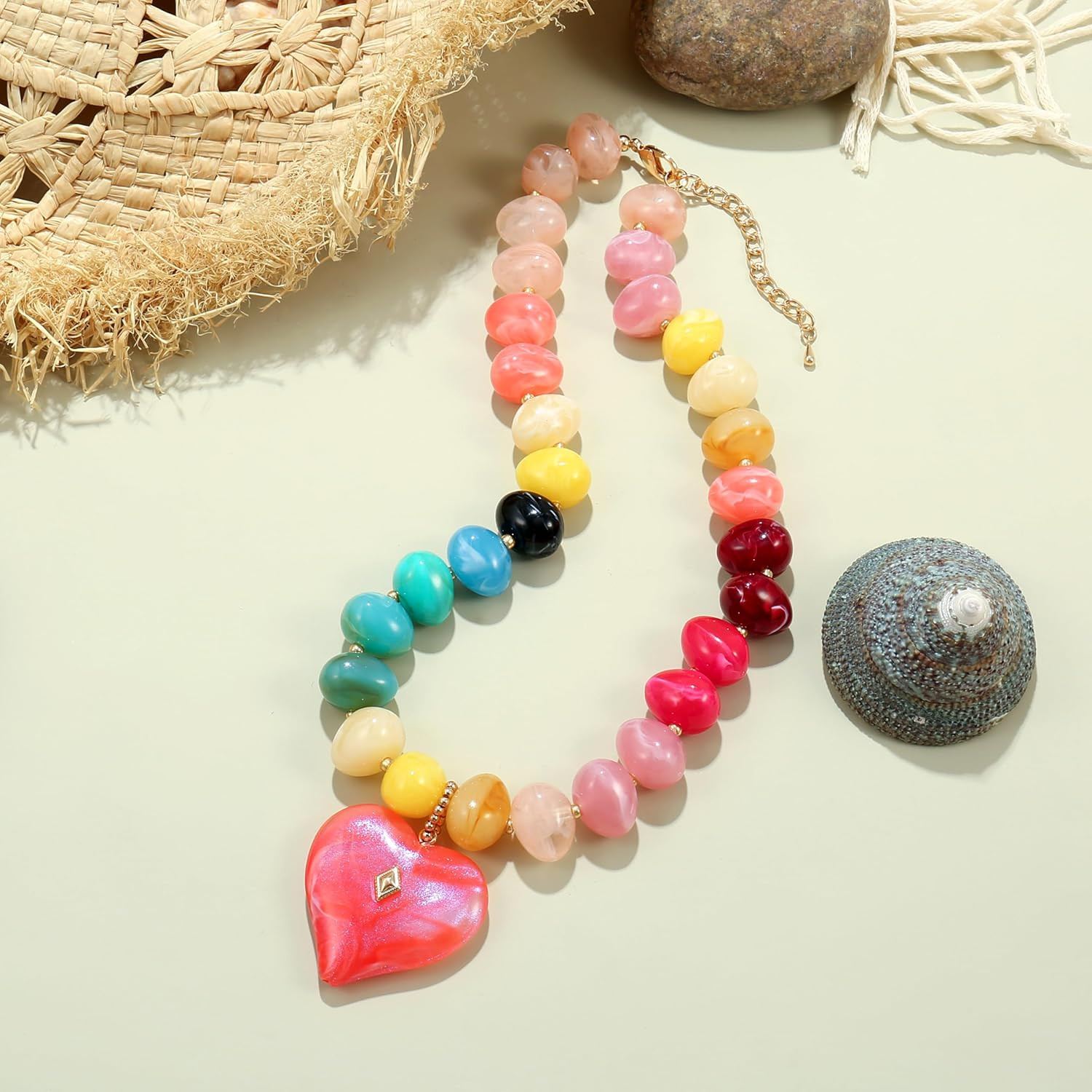 Chunky Heart Necklace for Women, Colorful Acrylic Beaded Statement Puff Heart Ne
