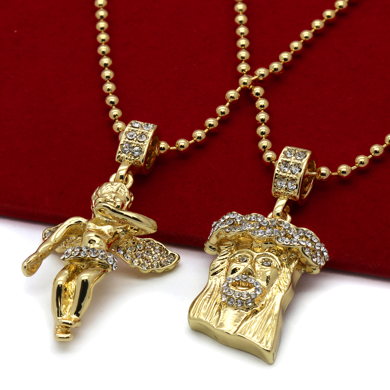 Mens Gold Plated Jesus Angel Piece Combo Set Cubic-Zirconia Pendant Chain