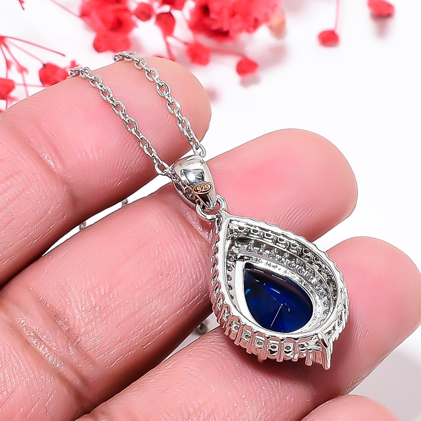 Blue Sapphire Simulated & Cz 925 Silver Pendant With Chain 18-20″ CP55421