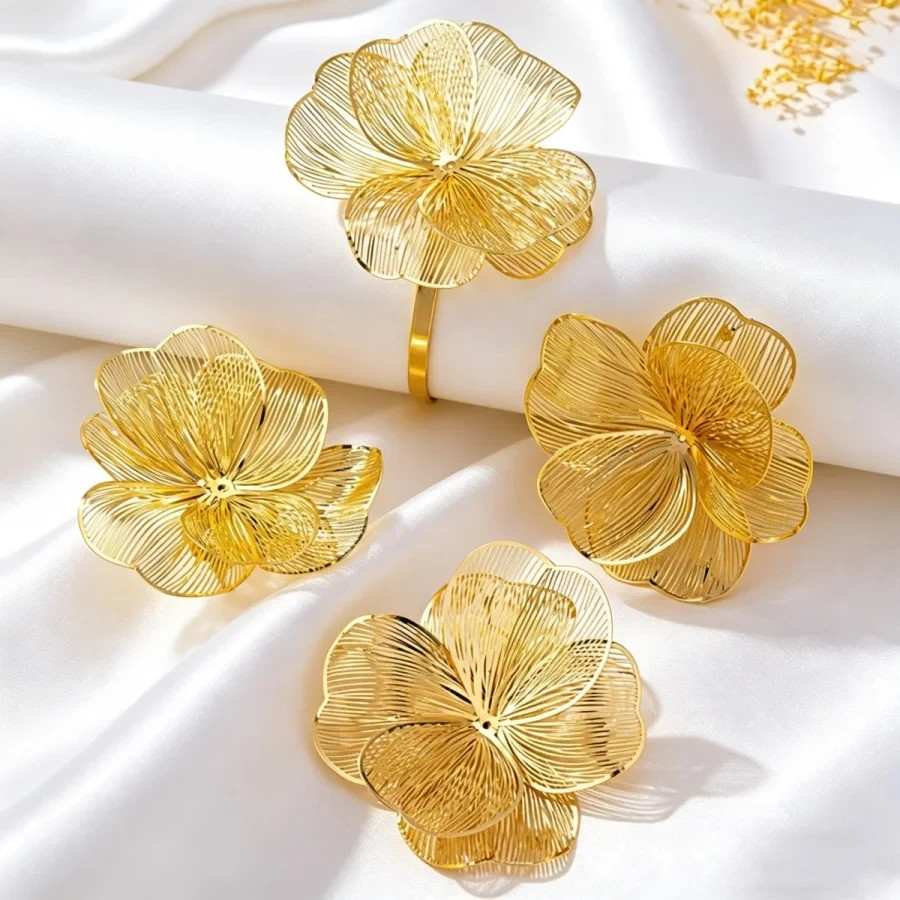 Gold Tone Filigree Flower Jewelry Set Statement Necklace Earrings Floral Women