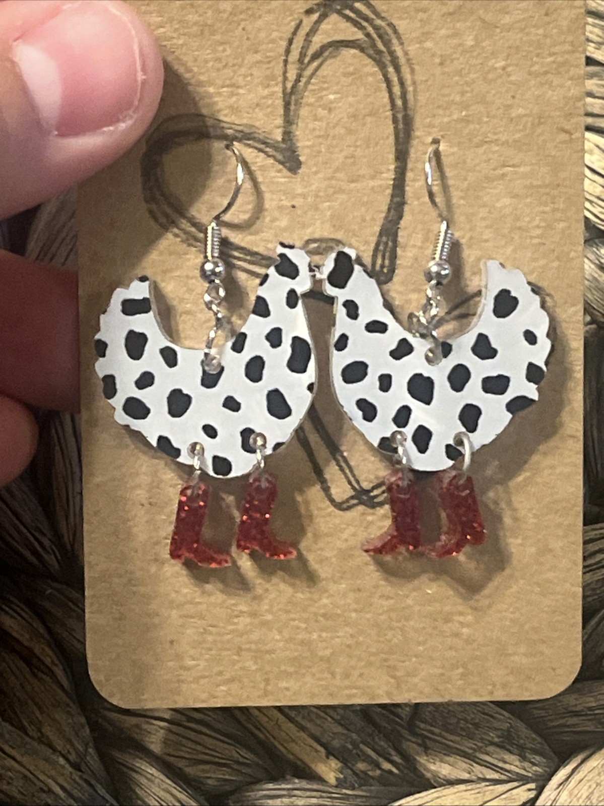 Black & White Chicken & Red Boots Earrings