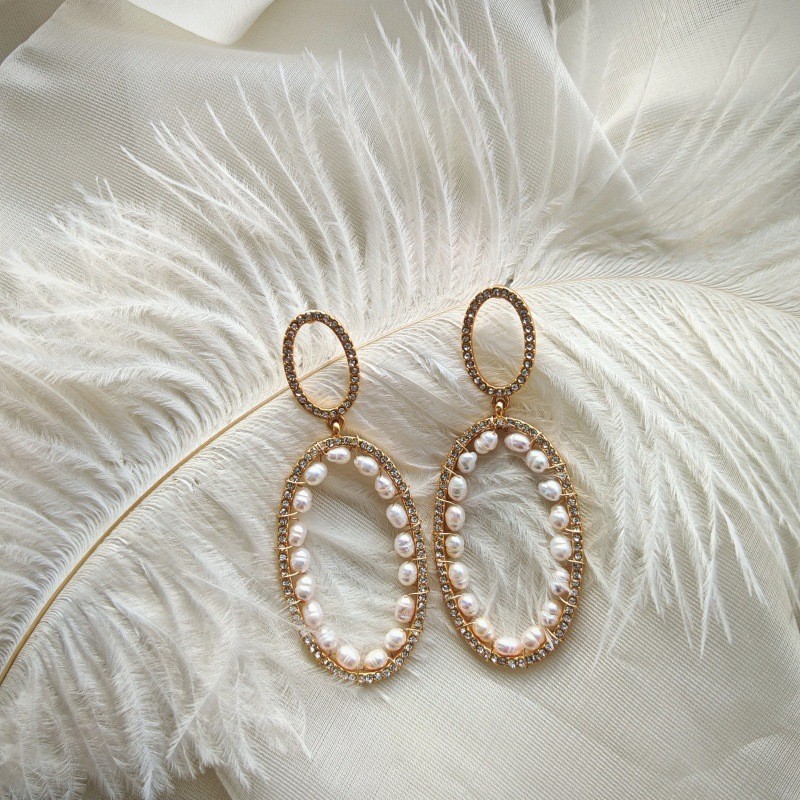 Handmade Woven Pearl Oval Hoop Stud Earrings Daily Elegant Women Jewelry