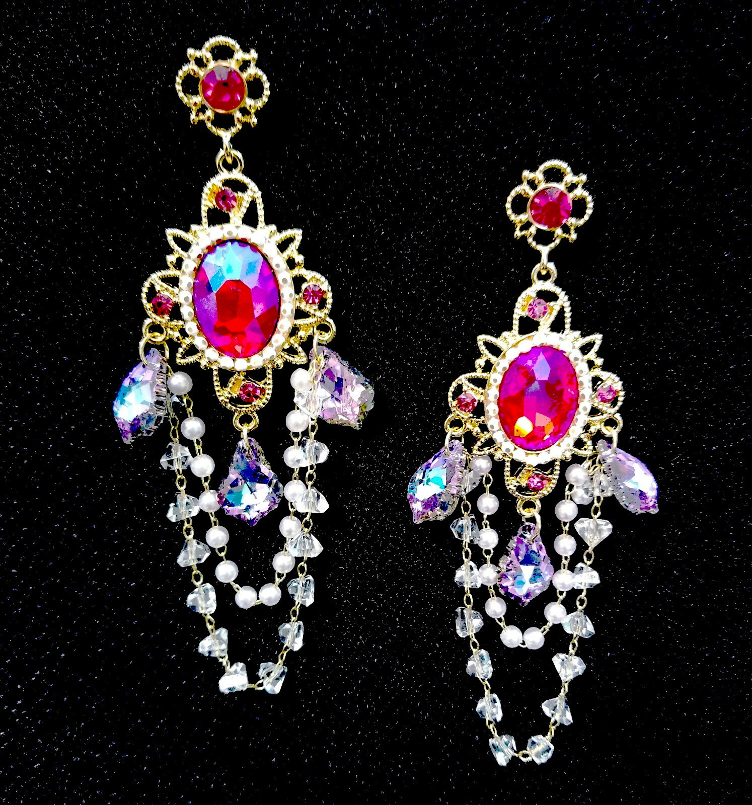 Pink Drop Rhinestone Crystal Earrings Chandelier Pageant Prom Statement 4.1 in