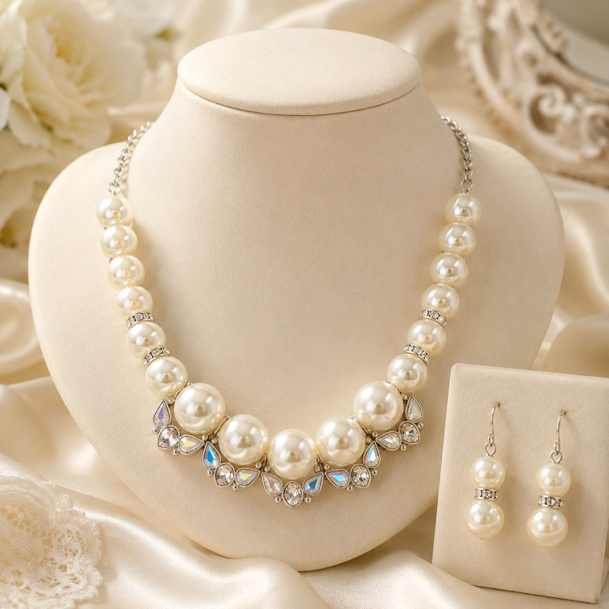 Elegant Pearl Statement Necklace & Matching Earrings Set | Ivory Faux Pearls | C