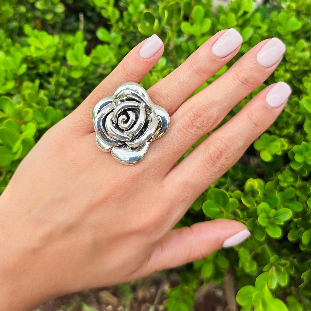Nacrissa Rose Silver Flower Cocktail Statement Ring Size 7 Metal 900