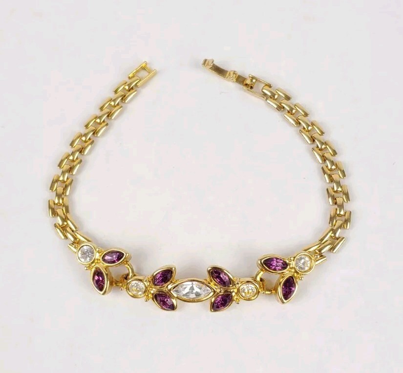 Gold Tone Bracelet Purple & Clear Rhinestones 7.5″