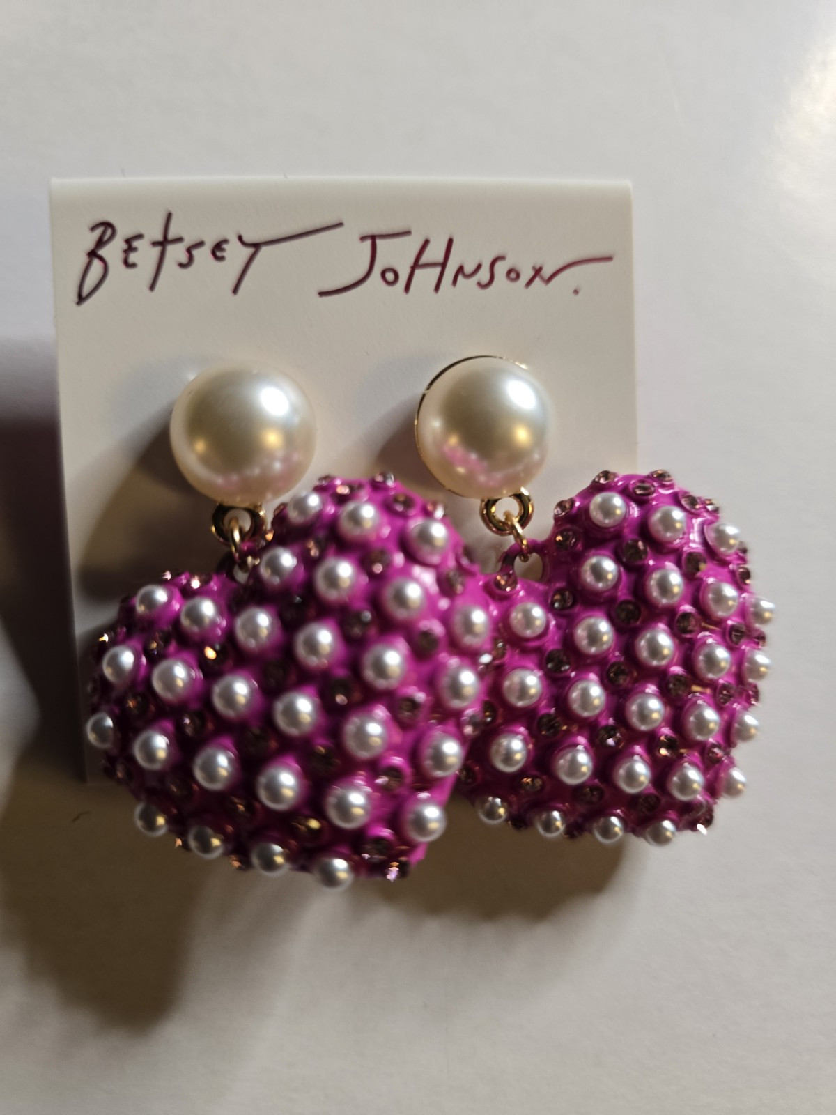 BETSEY JOHNSON Pink Heart Shape Drop Earrings With Pearl Accents