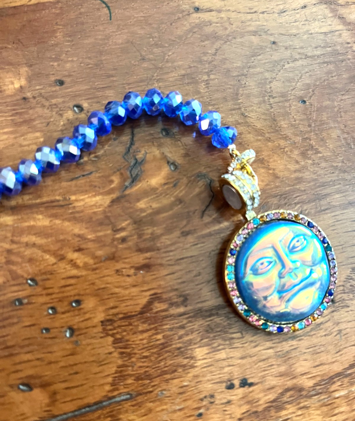 Celestial Man in the Moon Face Sun AB Crystal Glass Blue Beaded Necklace