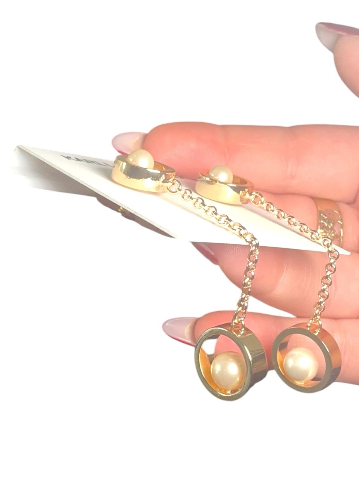 Karl Lagerfeld Paris Gold Pearl Circle Chain Drop Earrings NWT