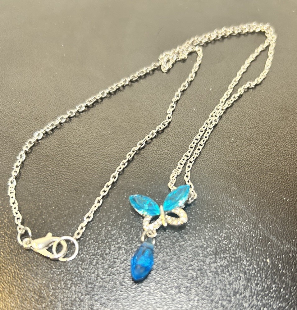 Aqua Butterfly With Dangle Gem Dainty Pendant, Silvertone Chain 20”