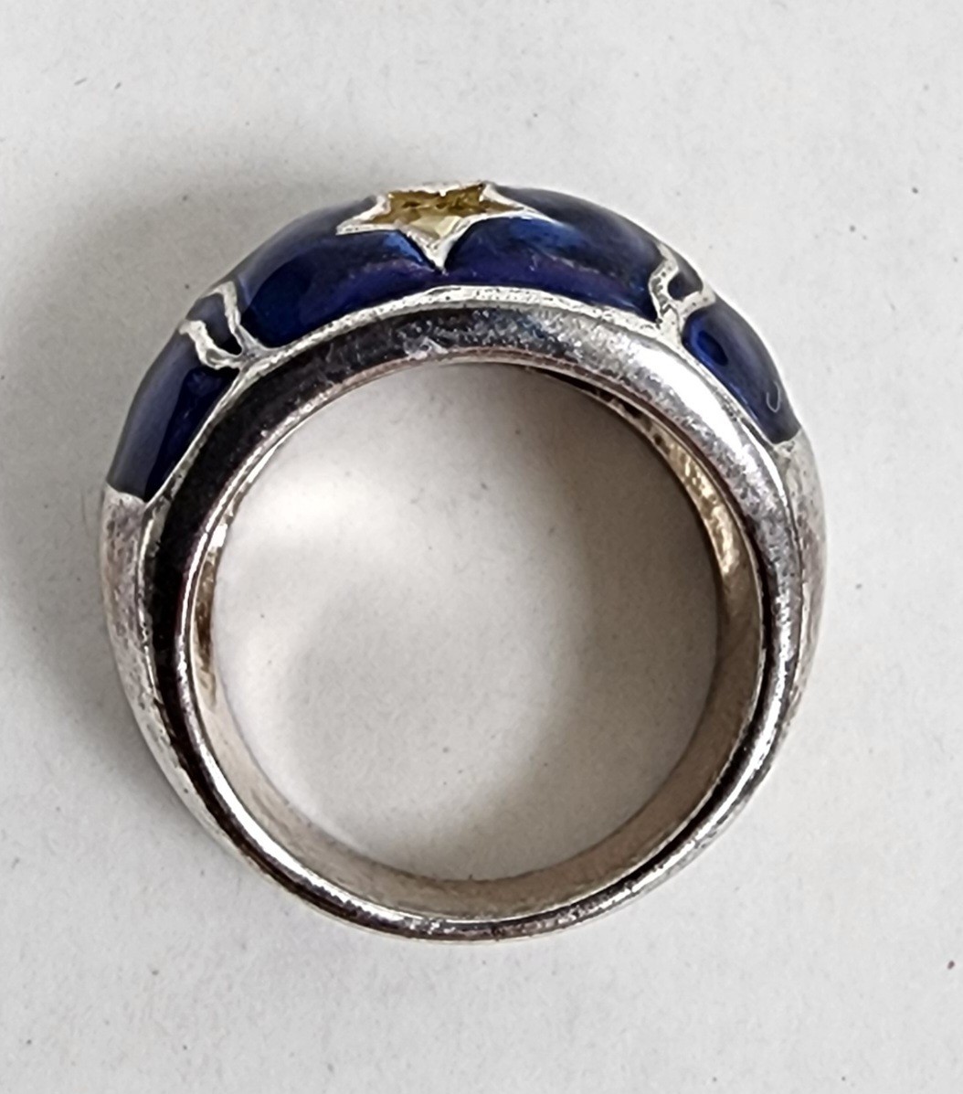 Designer LJ Sterling Silver Blue Enamel Falling Stars & Yellow Star CZ Ring Sz 7
