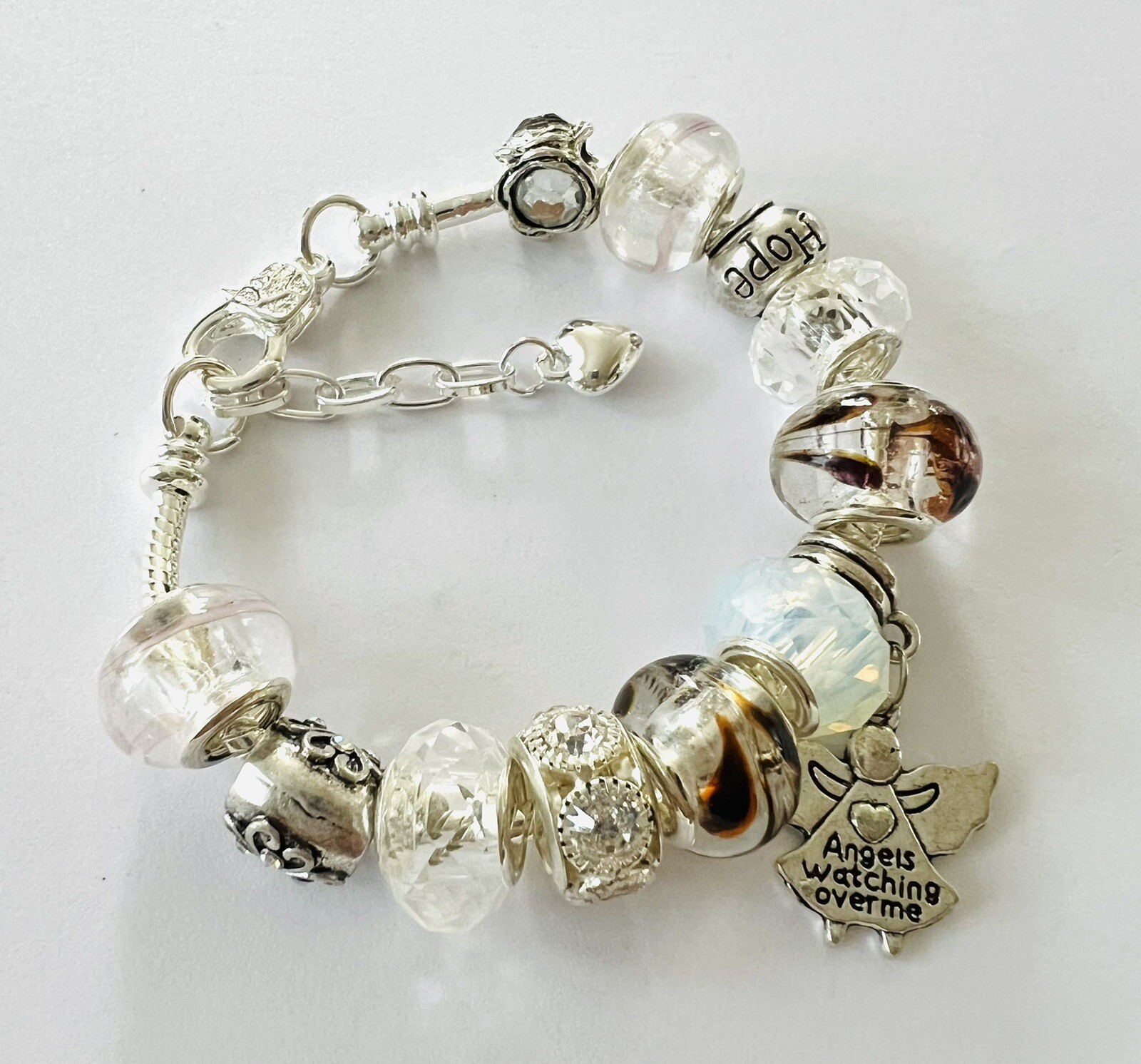 White & Silver Angel Birthday, Anniversary, European Charm Bracelet 5.5-6.5”