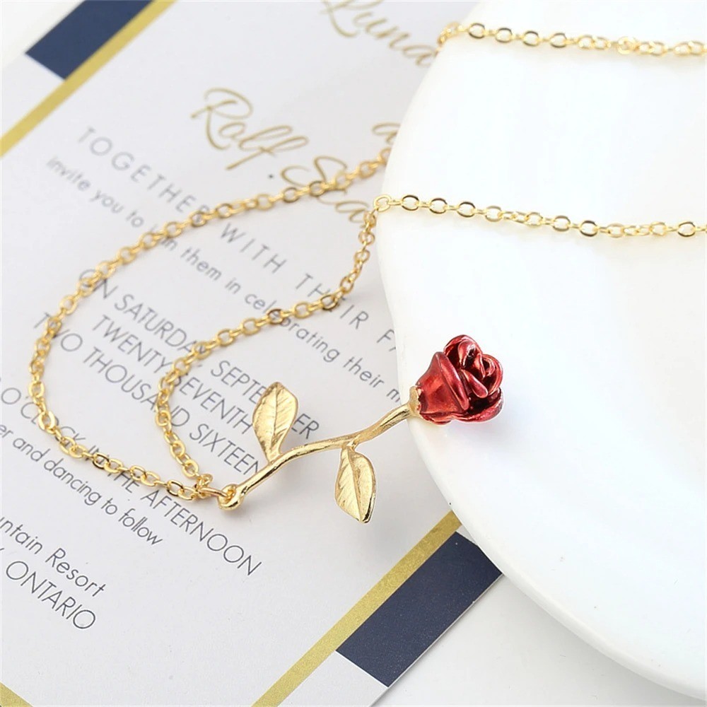 3D Rose Flower Pendant Necklace Beauty and the Beast Charm Boho Jewelry Gift Her