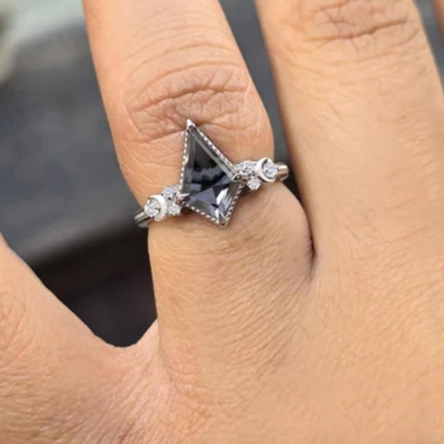 Moon Of My Life Grey Spinel Engagement Ring, Kite Shaped Cut 2.80 Carat 12x8mm