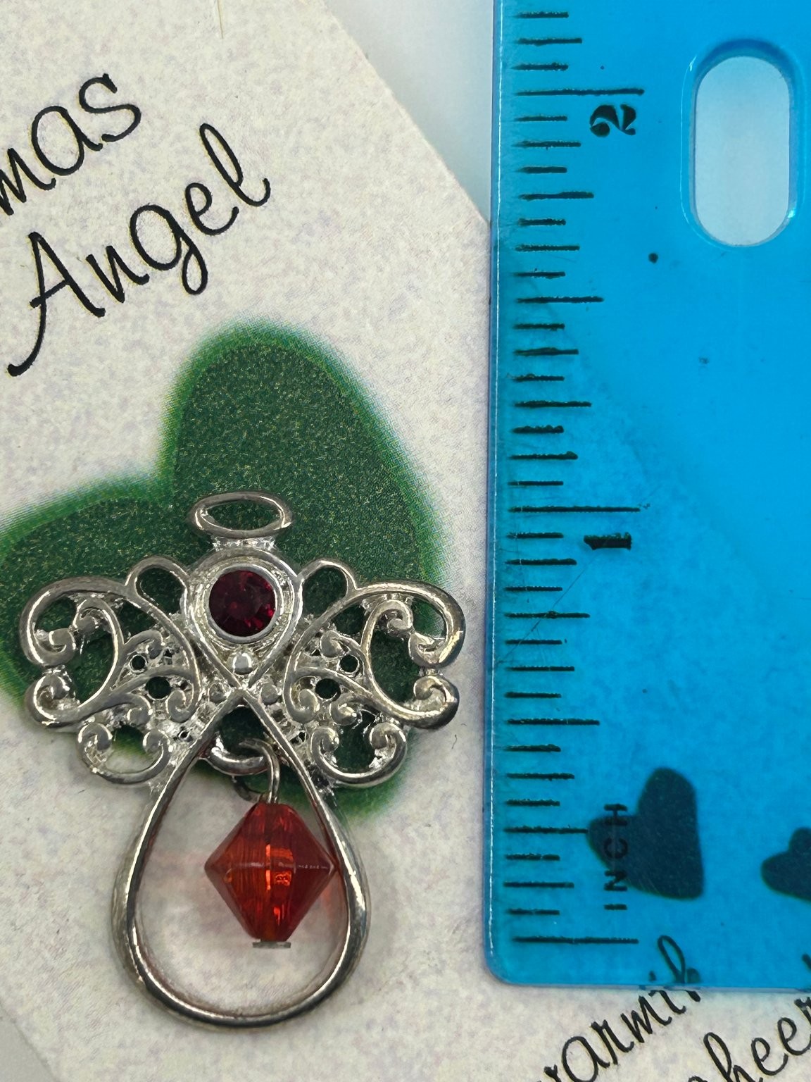 Roman Inc Christmas Angel Brooch 1.5in Silver Red Crystal Pendant