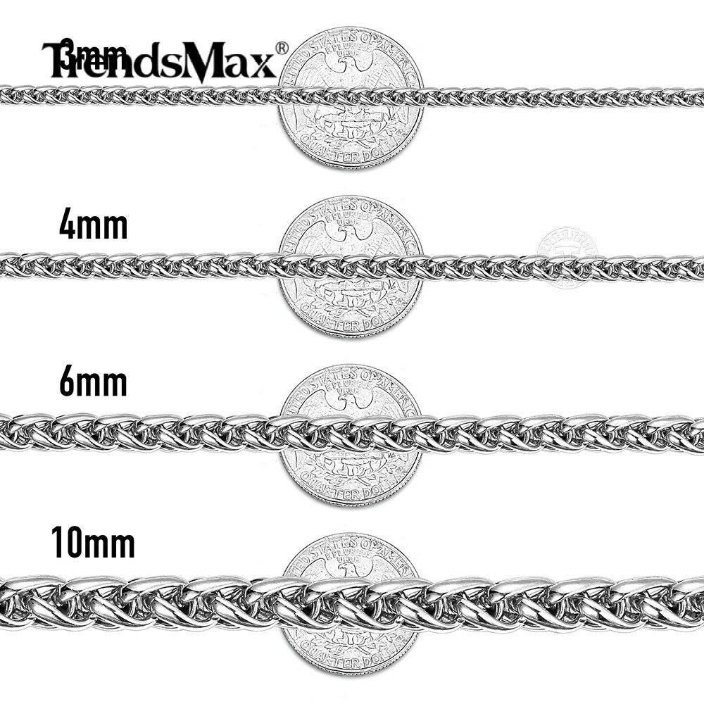 3/4/5/6/8MM Mens Silver Stainless Steel Necklace Wheat Braided Chain 18-30″ Gift