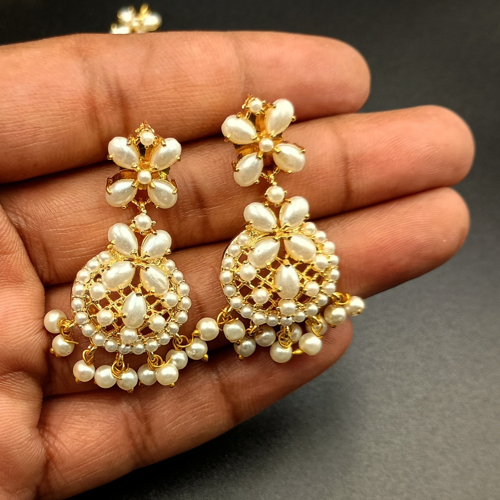 Vintage White Pearl Necklace Set 22K Gold Plated Chain Earrings Bridal Gift