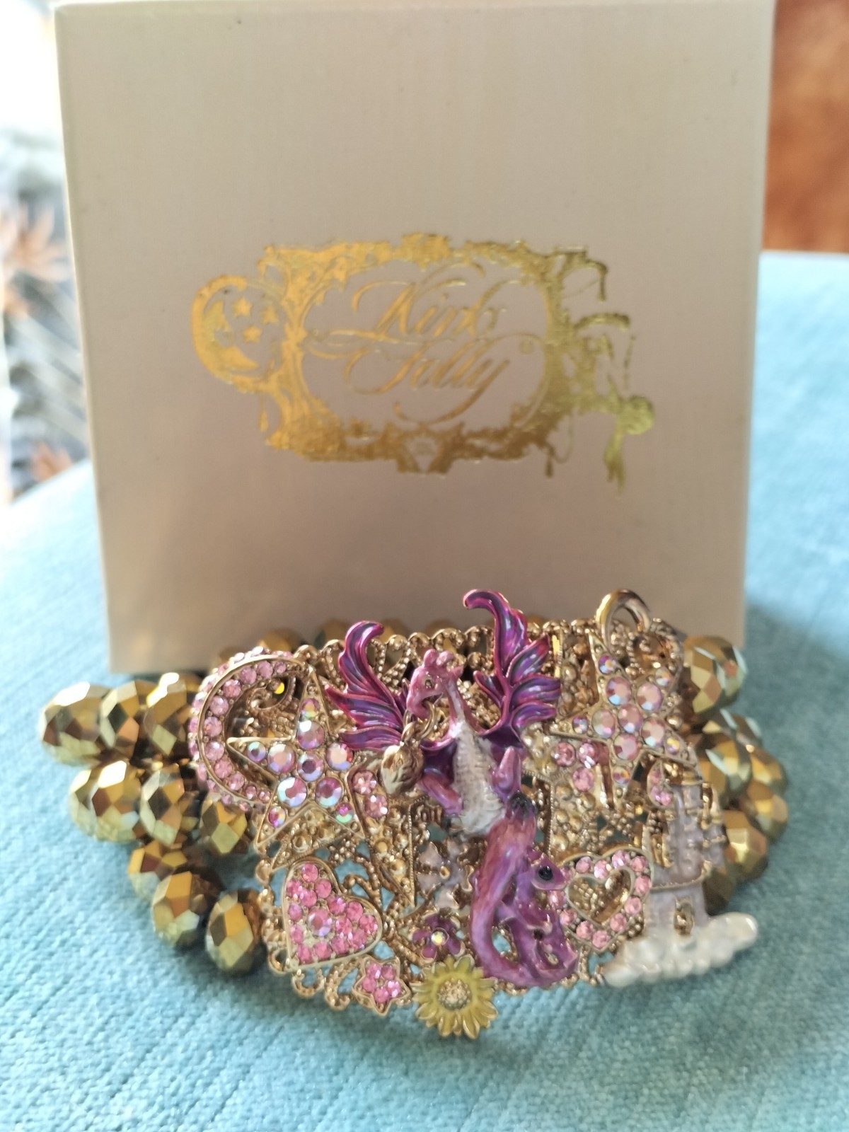 Kirks Folly Bracelet, Dragon & Castle Gold Stretchy Bead Bracelet Fairytale