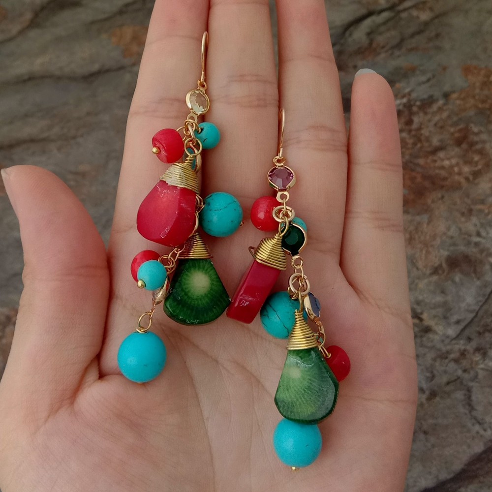 18” 5 rows Multi Color Coral Turquoise Pearl Chain Necklace Earrings Set