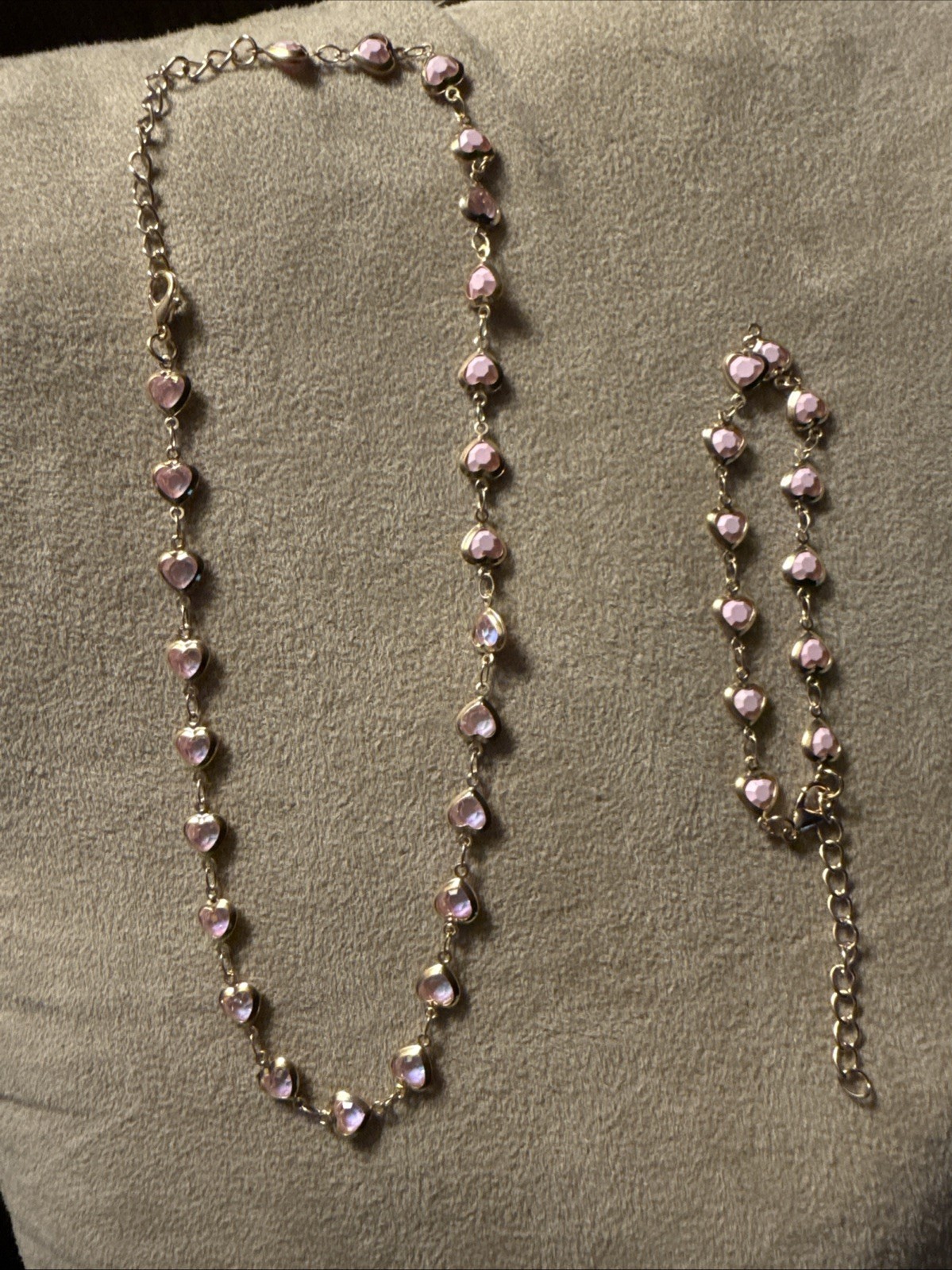 2 Piece Pink Colored Gold Heart Themed Copper Necklace And Bracelet Set