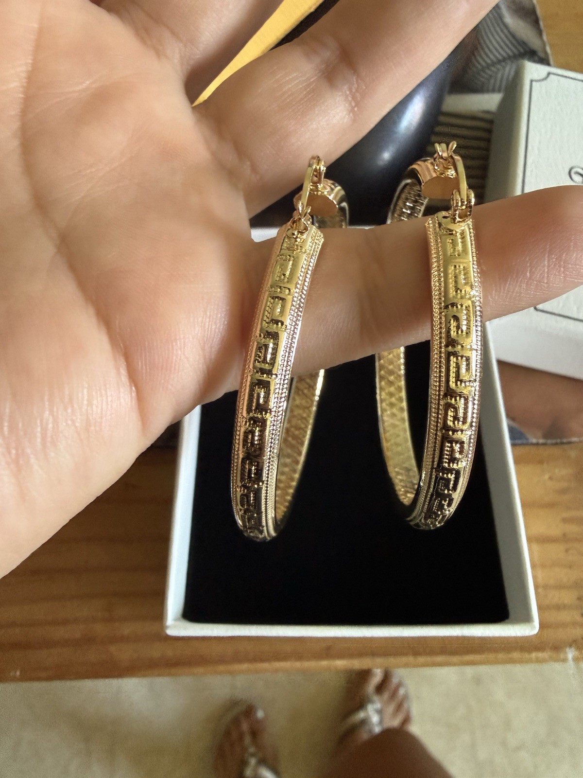 14k Gold Finish Greek Key Texture 2 inch Hoop Earrings Latch Back No Stone