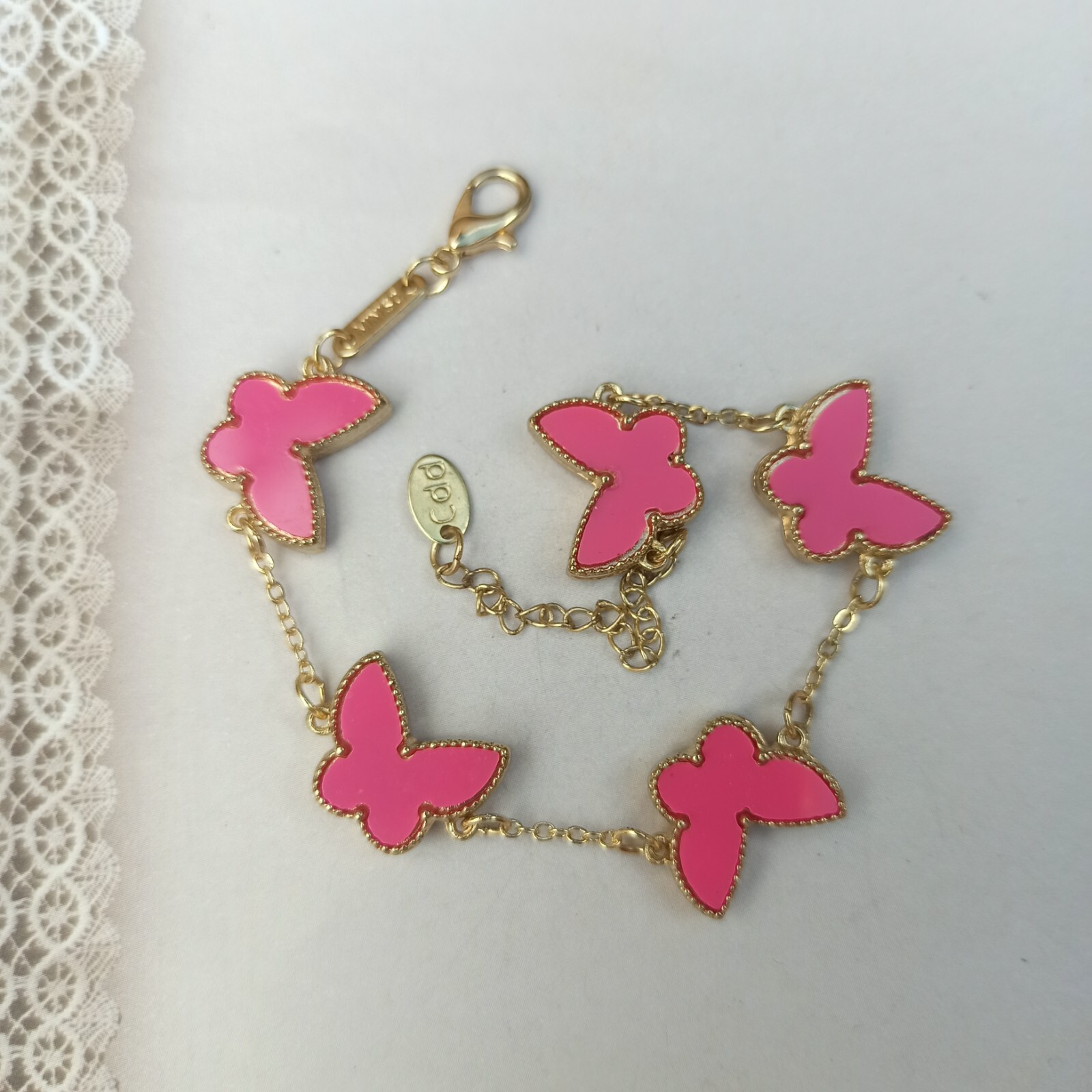 Pink Butterfly Bracelet Signed MINISO Gold Tone Station Girl Teen Gift Modernist
