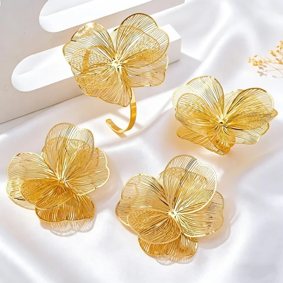 Gold Tone Filigree Flower Jewelry Set Statement Necklace Earrings Floral Women