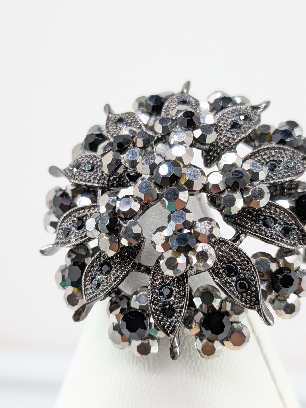 Vintage Gunmetal Rhinestone Flower Brooch Pin Hematite Crystal Dome 2in 30g