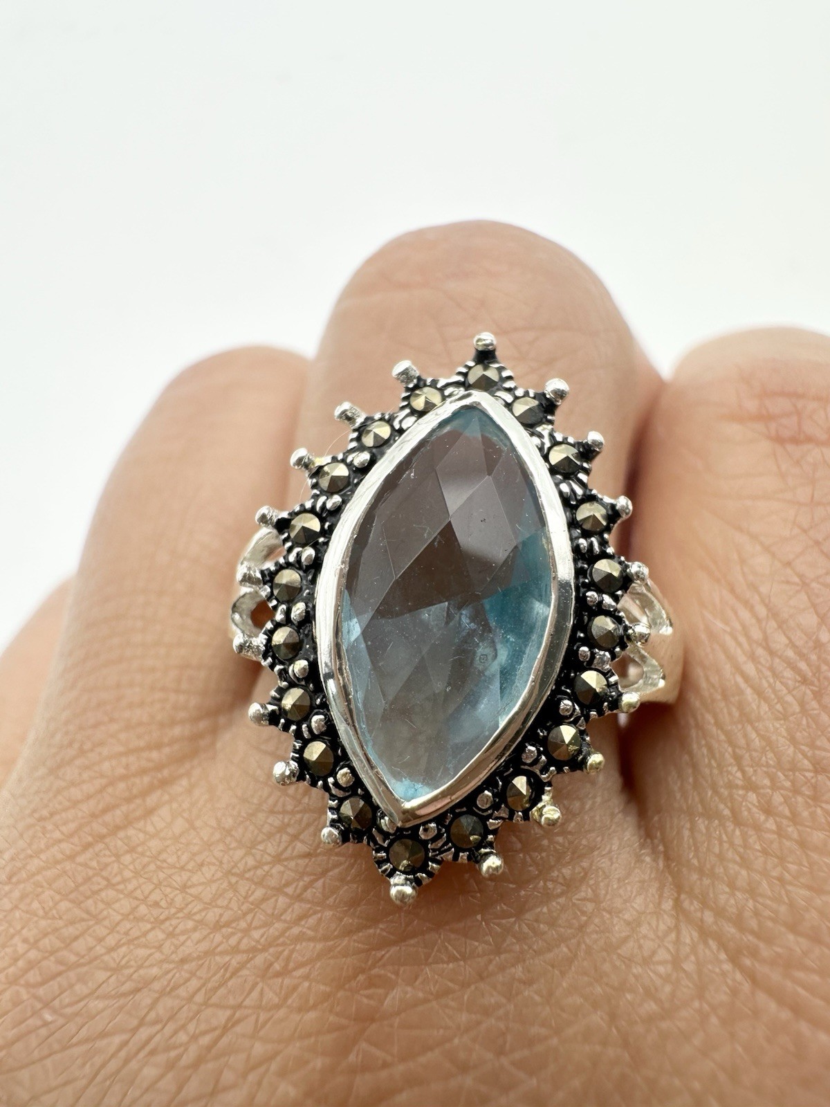 Marcasite Marquise Blue Stone Cocktail Ring Size 7.5 Silver Tone