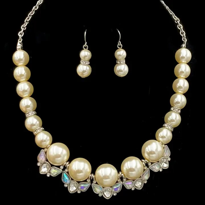 Elegant Pearl Statement Necklace & Matching Earrings Set | Ivory Faux Pearls | C