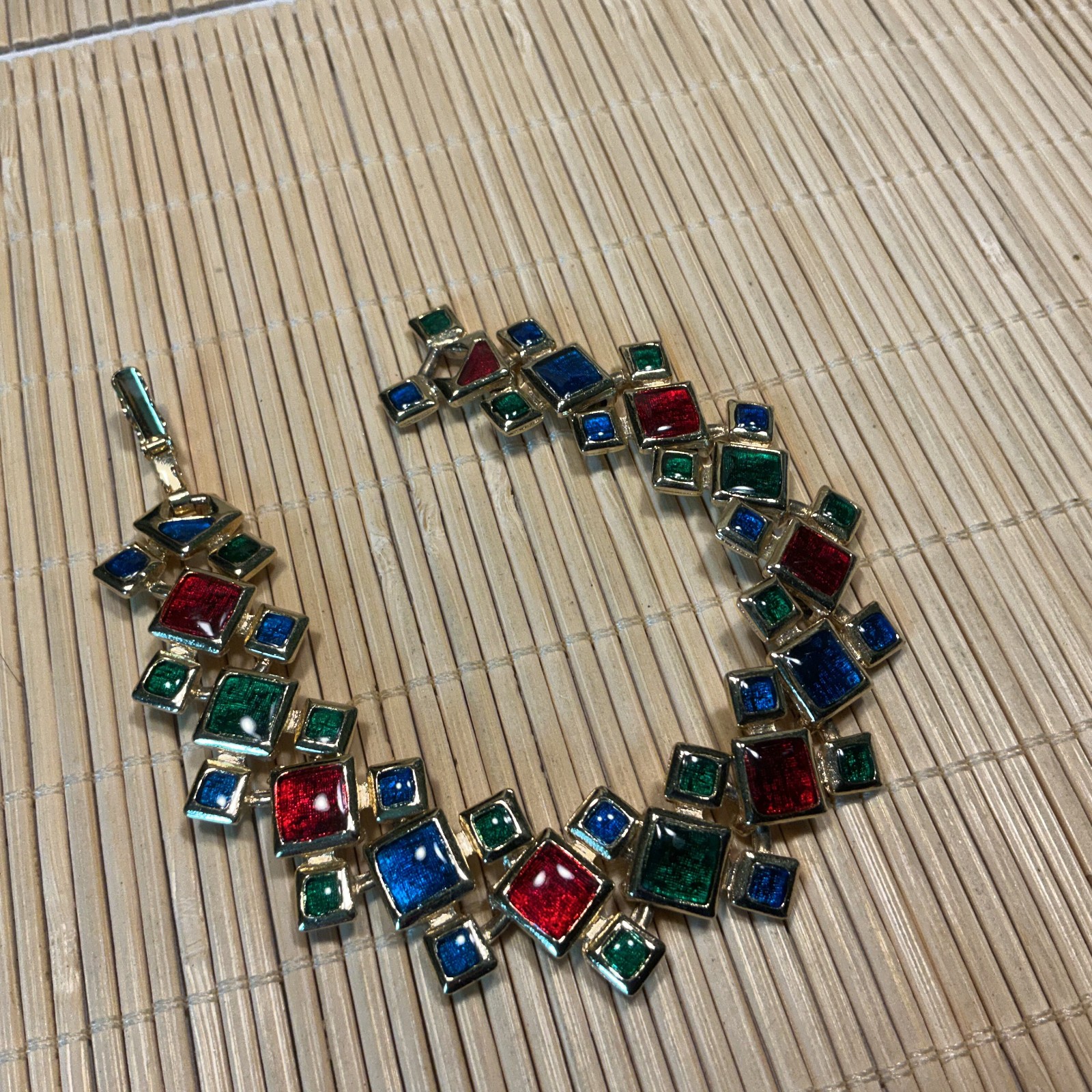 Fashion Bracelet Cast Gold Tone Epoxy Red Green Blue Panel Lot 101D