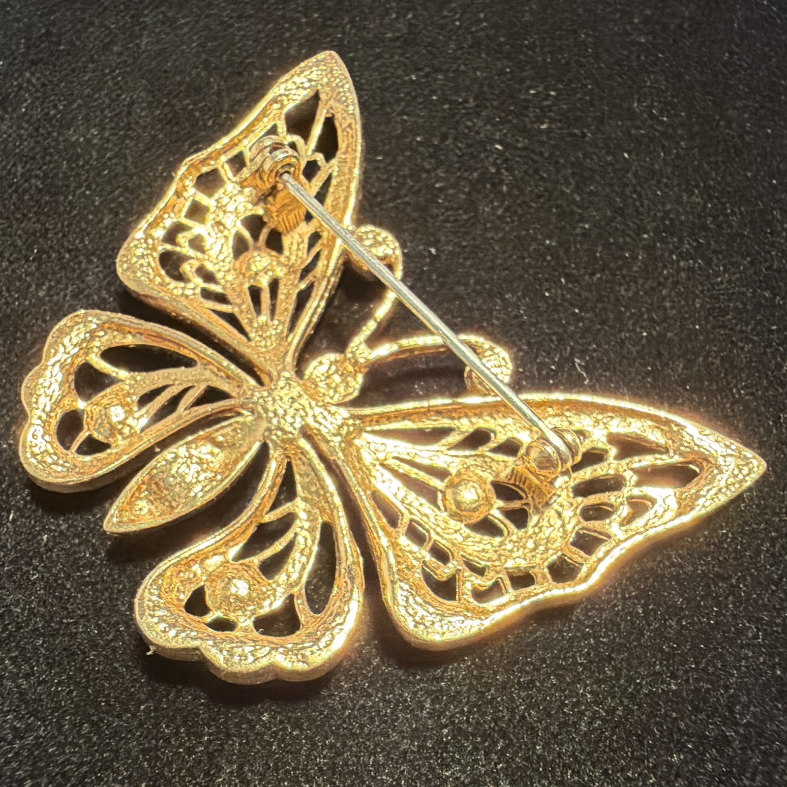 Gold Tone Butterfly Brooch Pin, Pink Rhinestones, Faux Pearl Accents