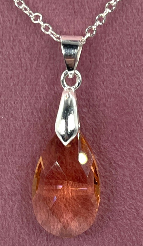 Necklace/Earrings 925 Silver Peach Color Faceted Teardrop Crystals 20″ Ear 1.5″