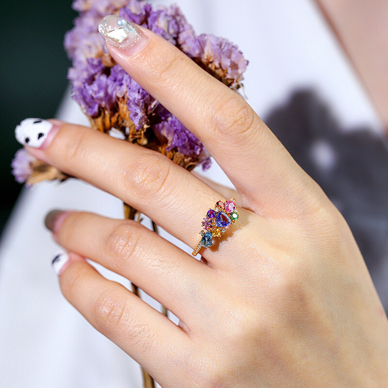 New Women Girls Jewelry Set Mix Color Amethyst Topaz Gems Necklace Rings Gold