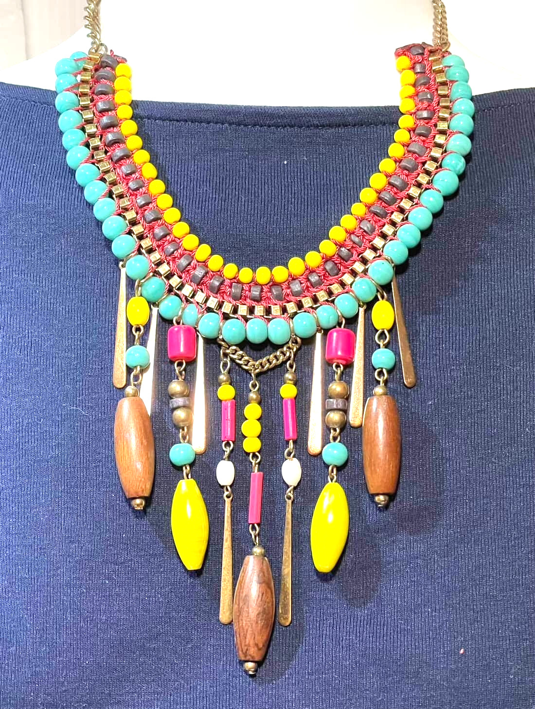 Boho Ethnic Statement Dangle Necklace Fringe Artsy Beachy Bright Multicolor VTG