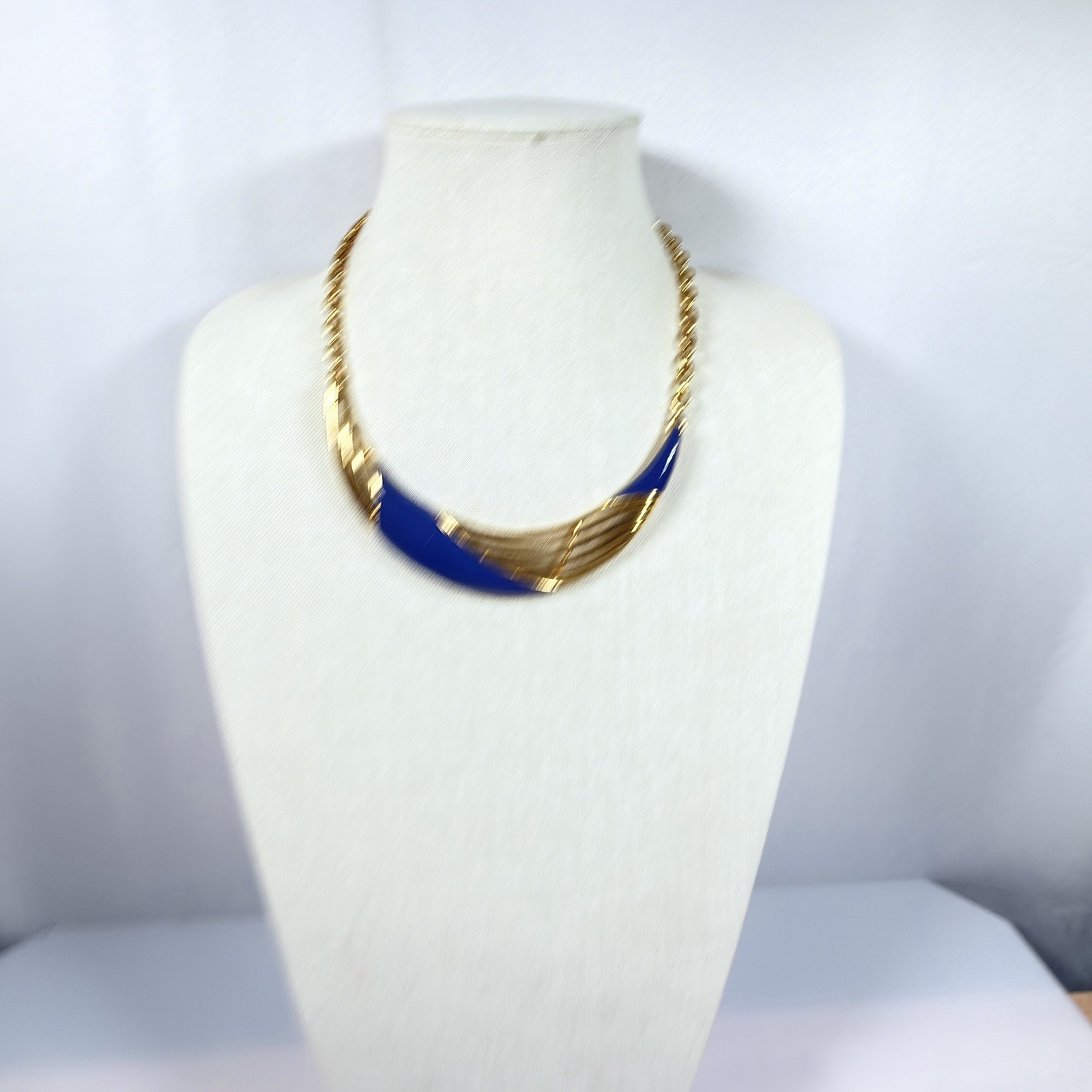 Vintage MONET Necklace Gold Tone Blue Enamel Geometric Collar Statement 17″